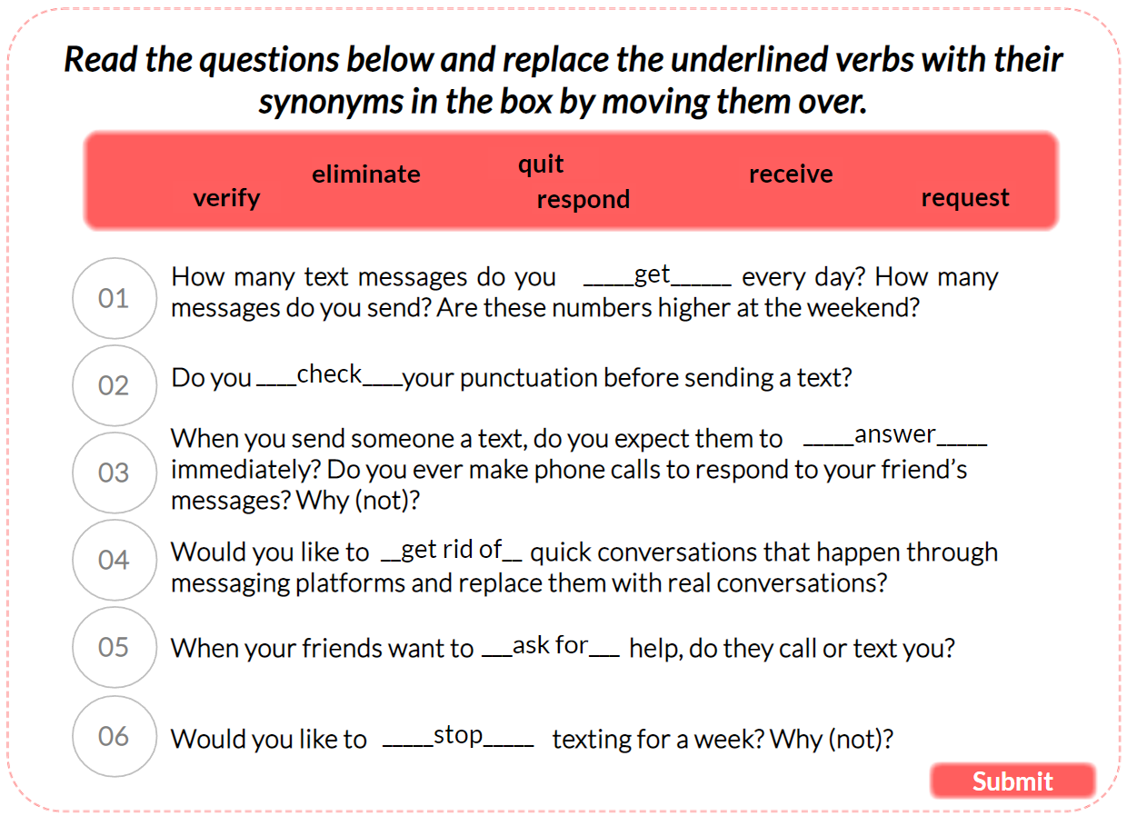 Synonyms Activity, Drag and Drop the synonyms of the verbs in the six questions - Interactive
